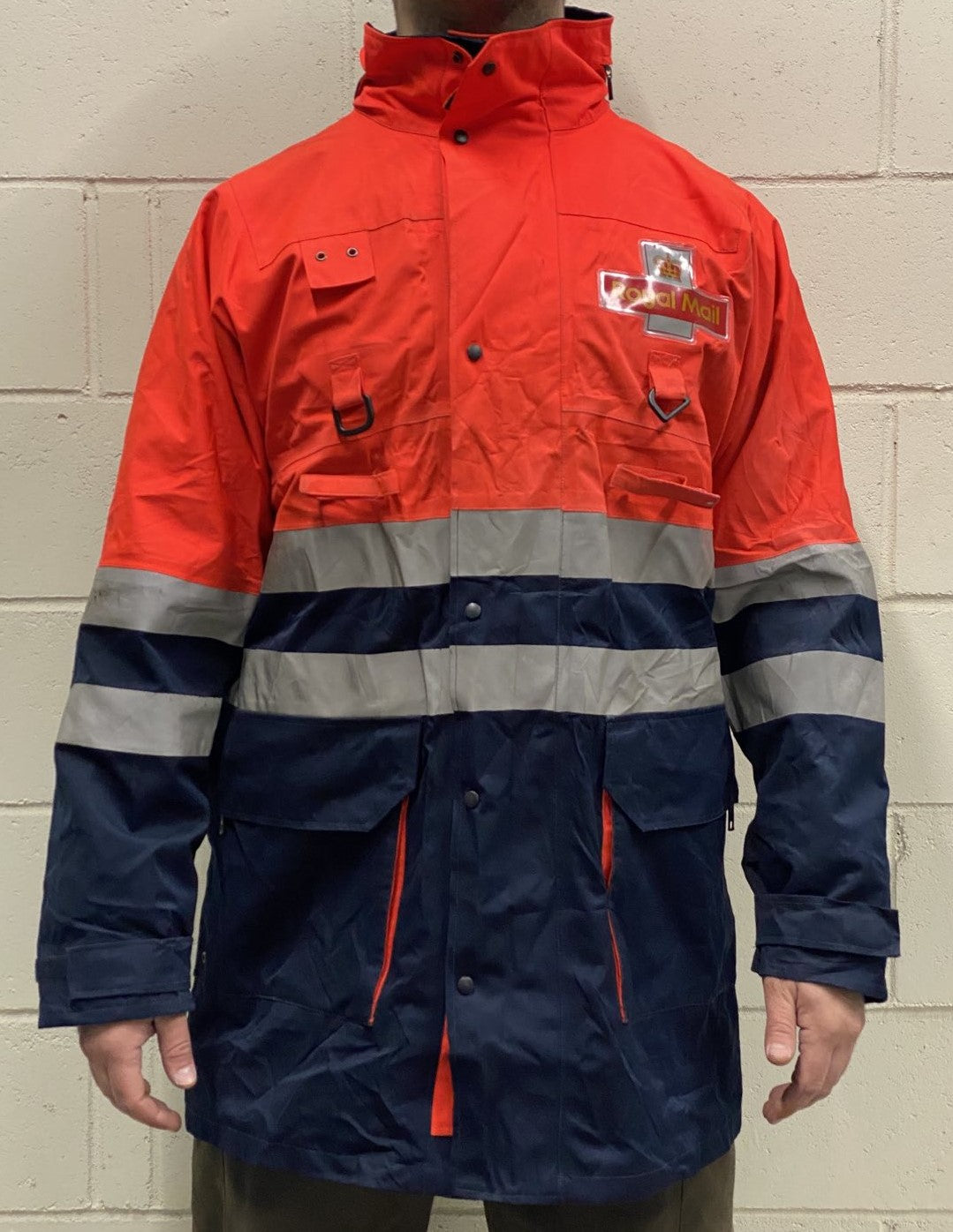 Genuine British Royal Mail Long Waterproof Hooded Jacket Orange & Blue