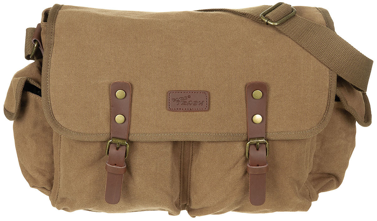 Handbag Outdoor Military Army Style High Quality Real Leather Canvas PT Bbrown