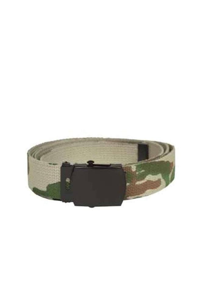 Mil-tec Khaki, 100% cotton webbing US trouser belt with silver coloured metal buckle.