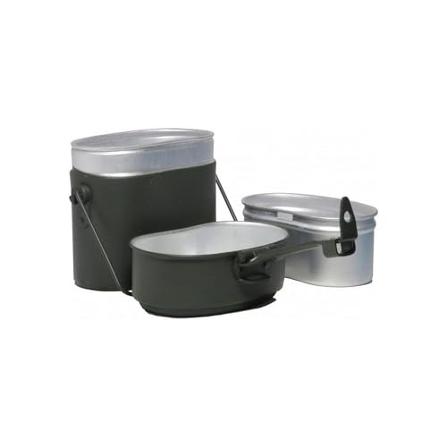 MIL-TEC German Style Gray Aluminum Mess Kit | Three-Part Portable Military Mess Tin with Clap Frame | Ideal for Camping, Hiking, Outdoor Cooking | Height: 6.5", Width: 4.25", Weight: ca. 16 oz.