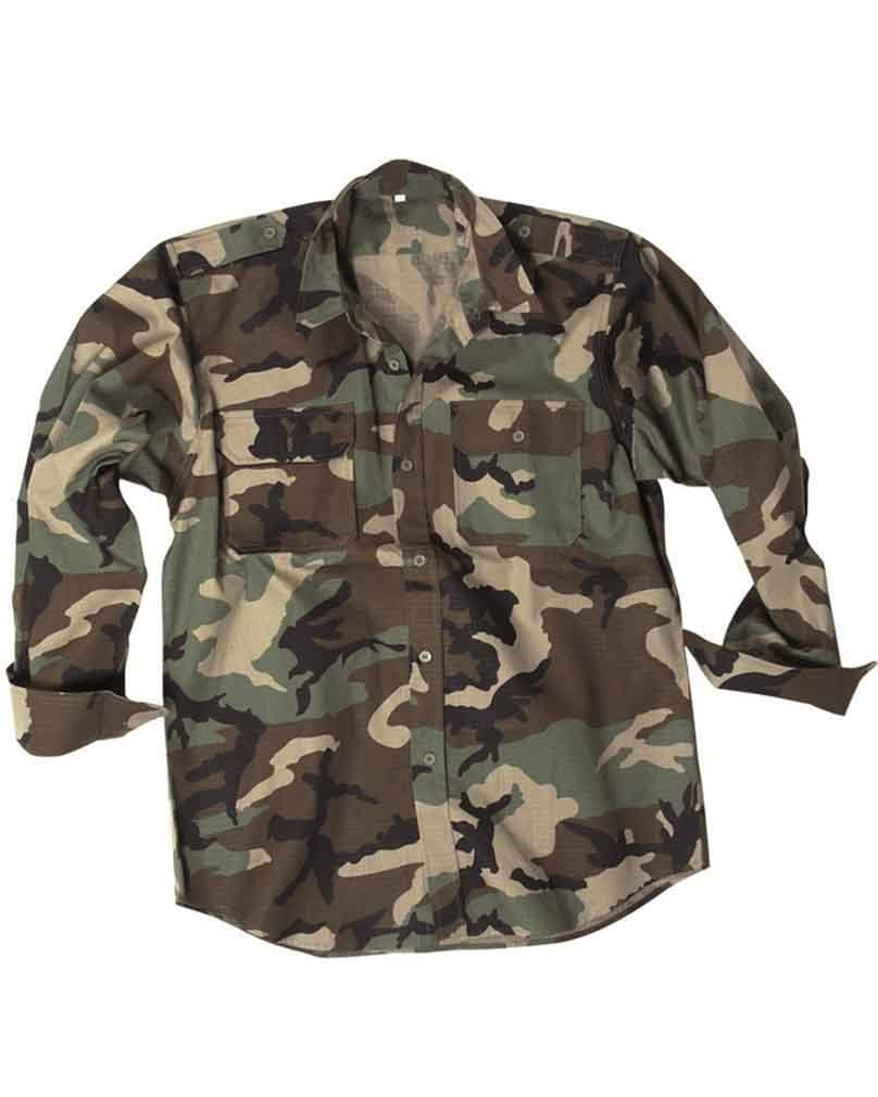 Mil-Tec Ripstop Shirt Woodland Camo Long Sleeve 100% Cotton Field Top