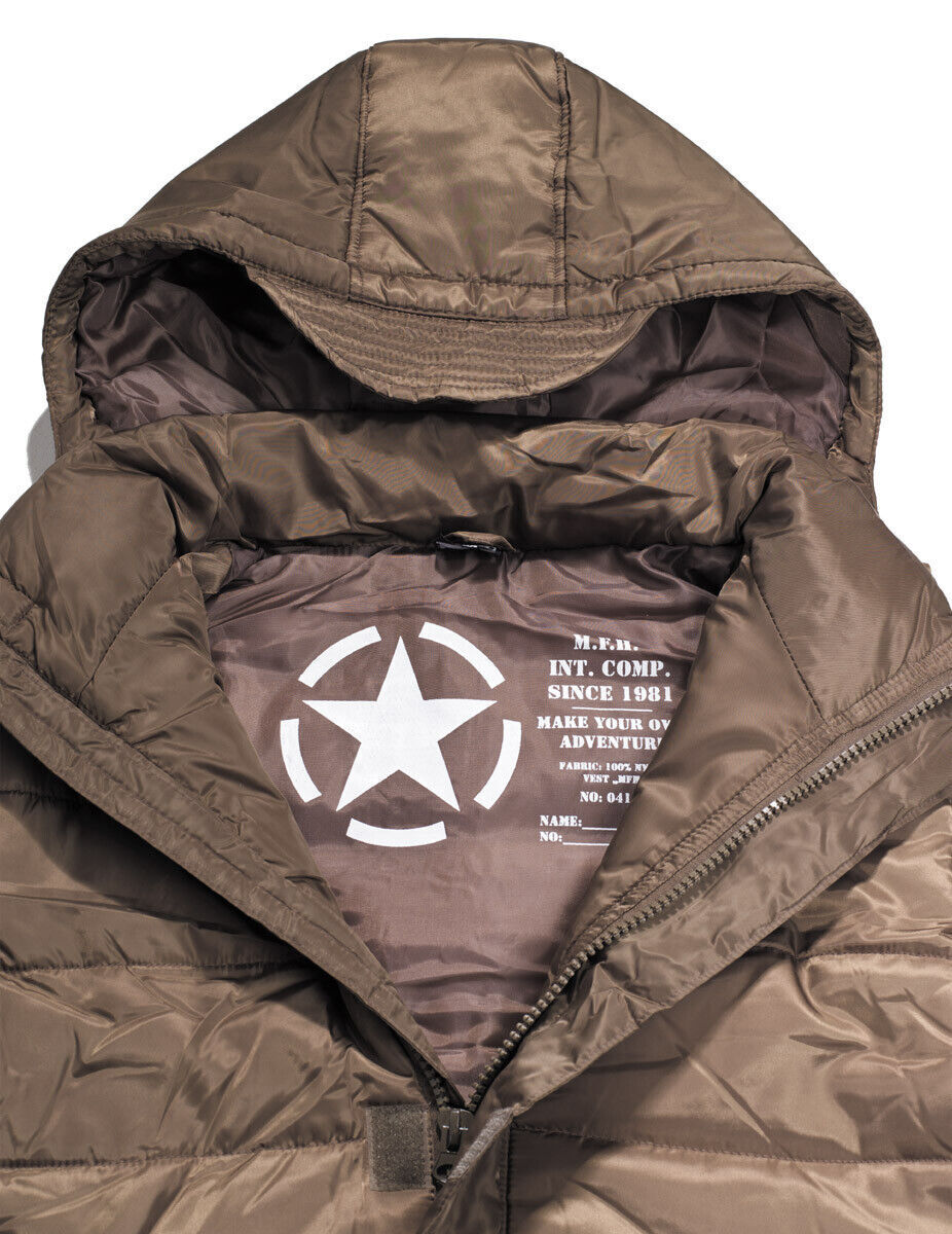 US Army Quilted Military Combat Vest Brown Front Zip Detachable Hood