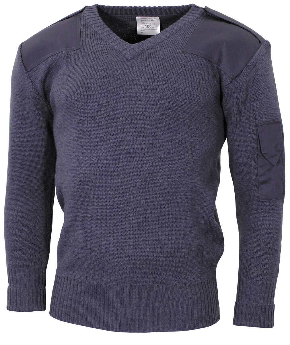 Original British Army GB Pullover V-Neck Blue/Grey – 80% Wool, Reinforced Military Sweater