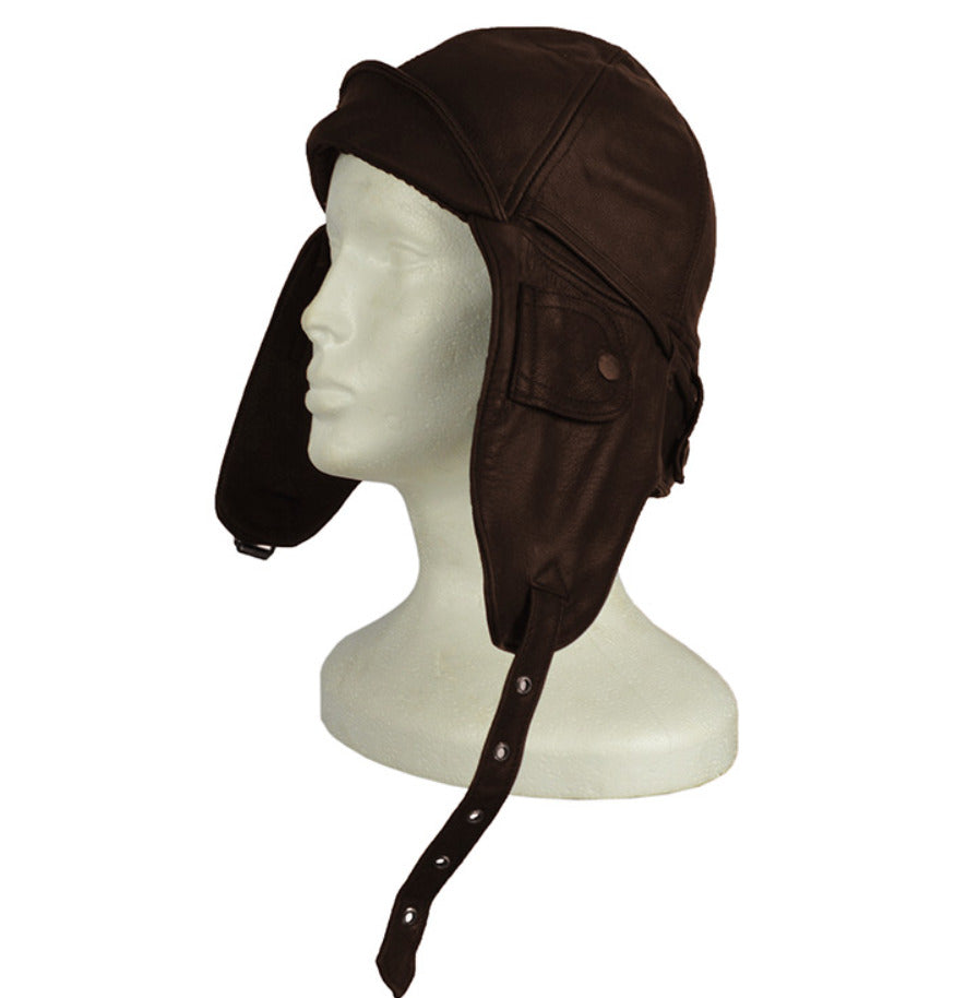 Vintage Aviation Helmet Pilot Cap Leather Lining 100% Cotton Brown