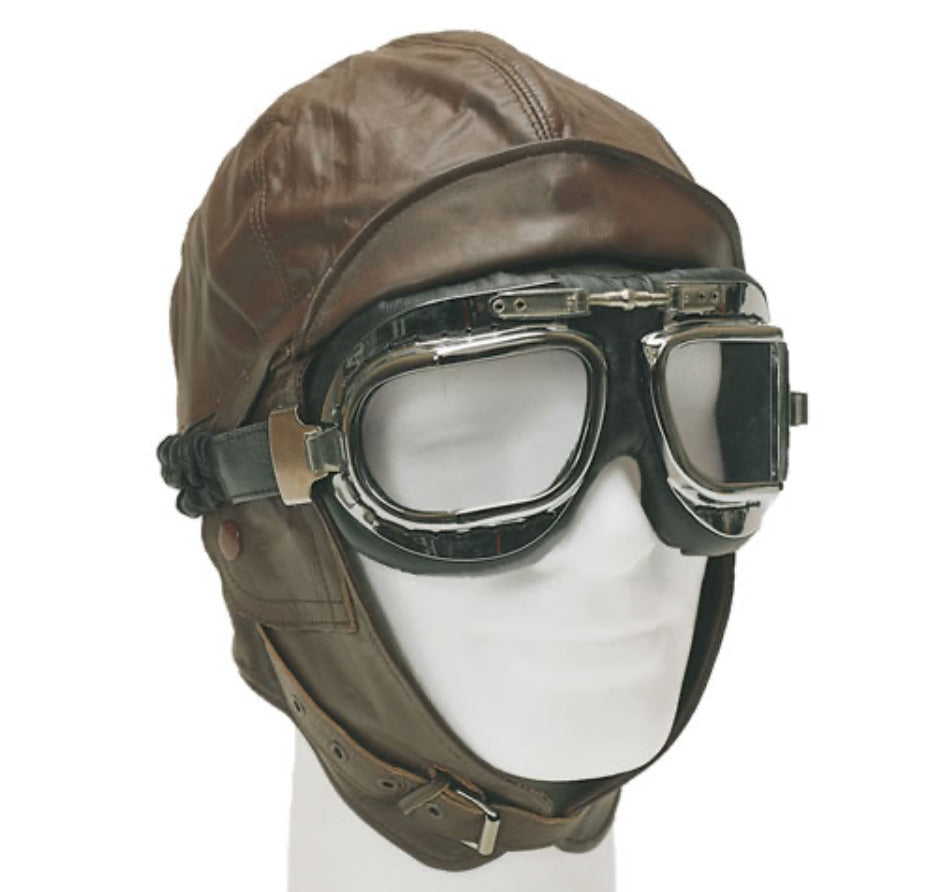Vintage Aviation Helmet Pilot Cap Leather Lining 100% Cotton Brown
