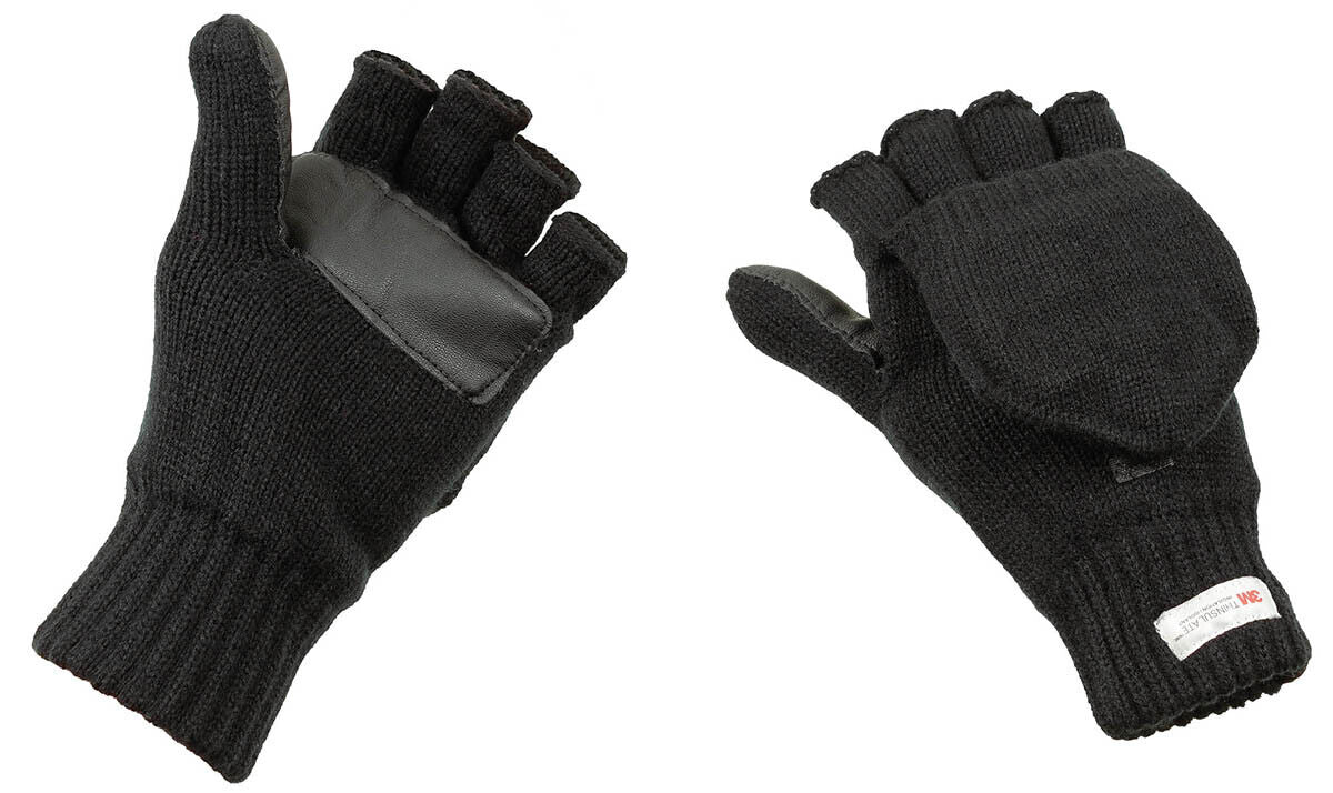 Knitted Gloves Mittens Foldable Finger Cap Extra Warm Black Thinsulated