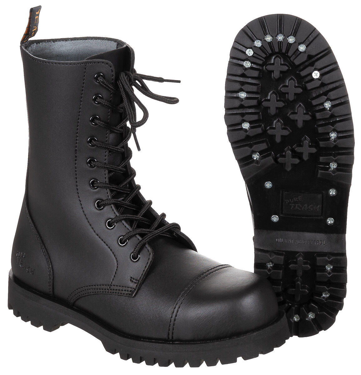 Pure Trash Black 10-Hole Army Boots Steel Cap Double Sewn Leather Metal Eyelets
