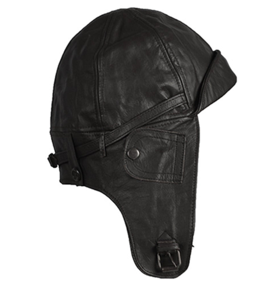 Vintage Aviation Helmet Pilot Cap Leather Lining 100% Cotton Black