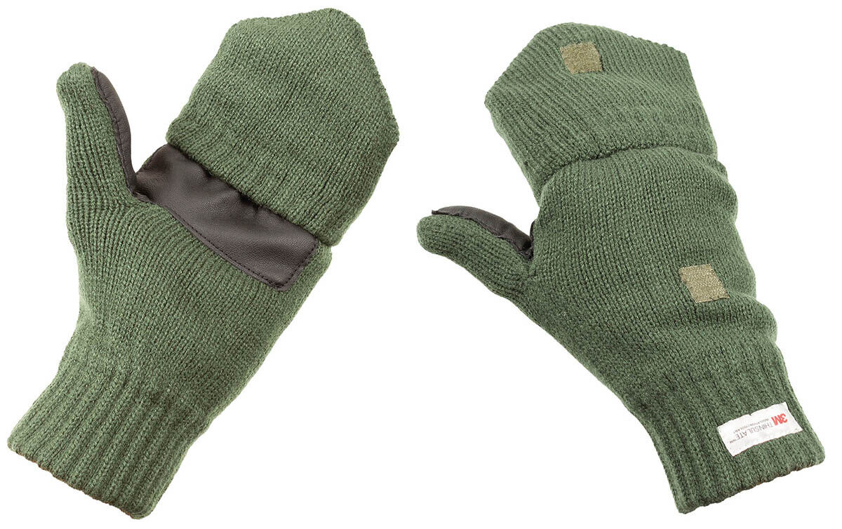 Knitted Gloves Mittens Foldable Finger Cap Extra Warm OD Green Thinsulated