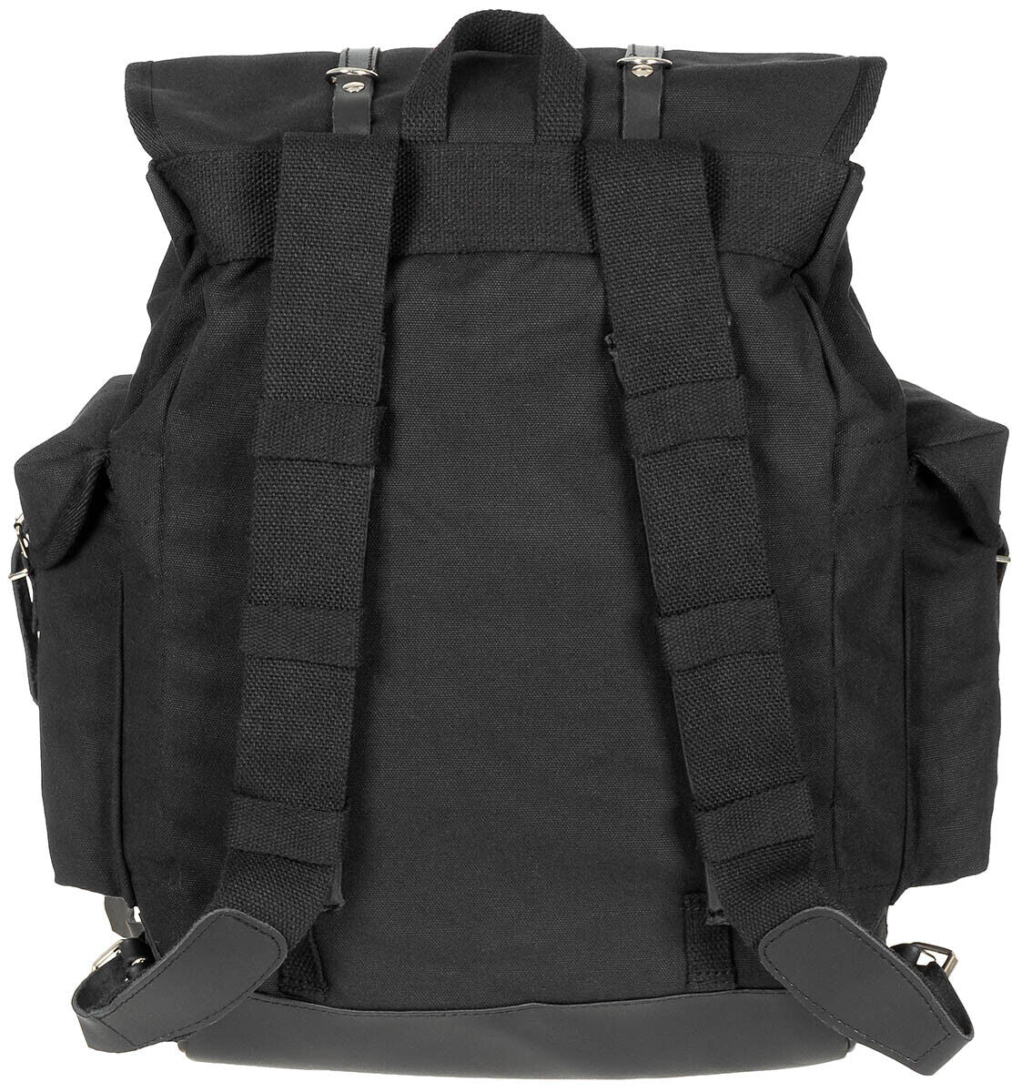 BW Mountain Backpack Black Adjustable Straps Leather Straps and Metal Buckles