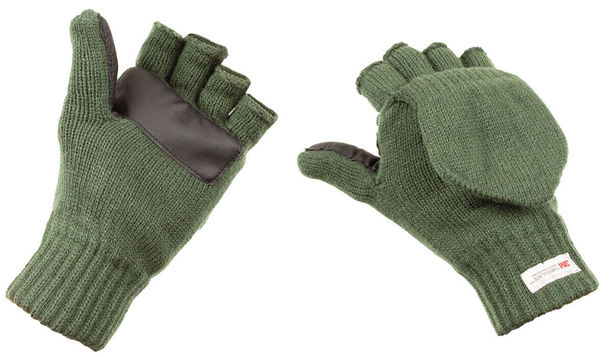 Knitted Gloves Mittens Foldable Finger Cap Extra Warm OD Green Thinsulated