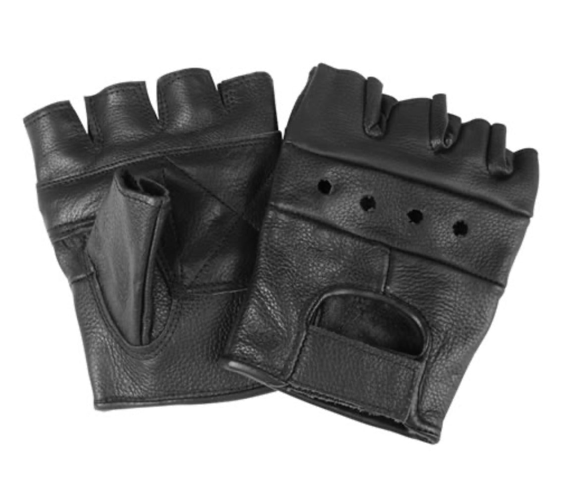 Premium Biker Leather Fingerless Gloves Black 100% Cowhide Sizes XS-2XL