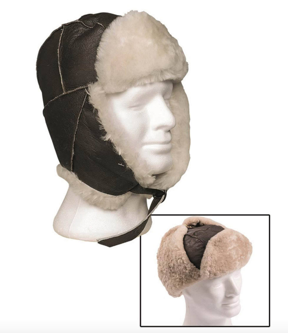 US Army Air Forces Aviation Winter Cap Leather B3 Fur Hat Brown 100% Sheepskin