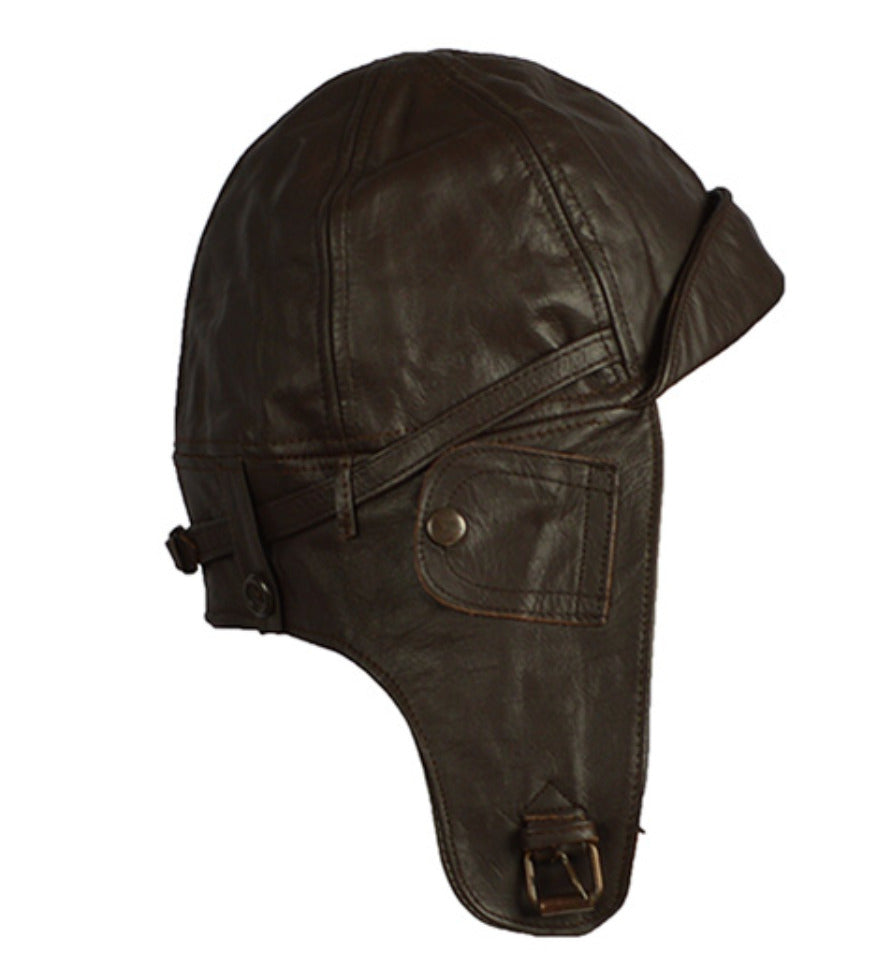 Vintage Aviation Helmet Pilot Cap Leather Lining 100% Cotton Brown