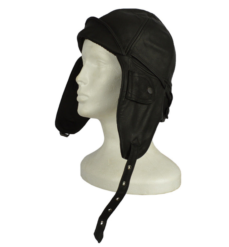 Vintage Aviation Helmet Pilot Cap Leather Lining 100% Cotton Black