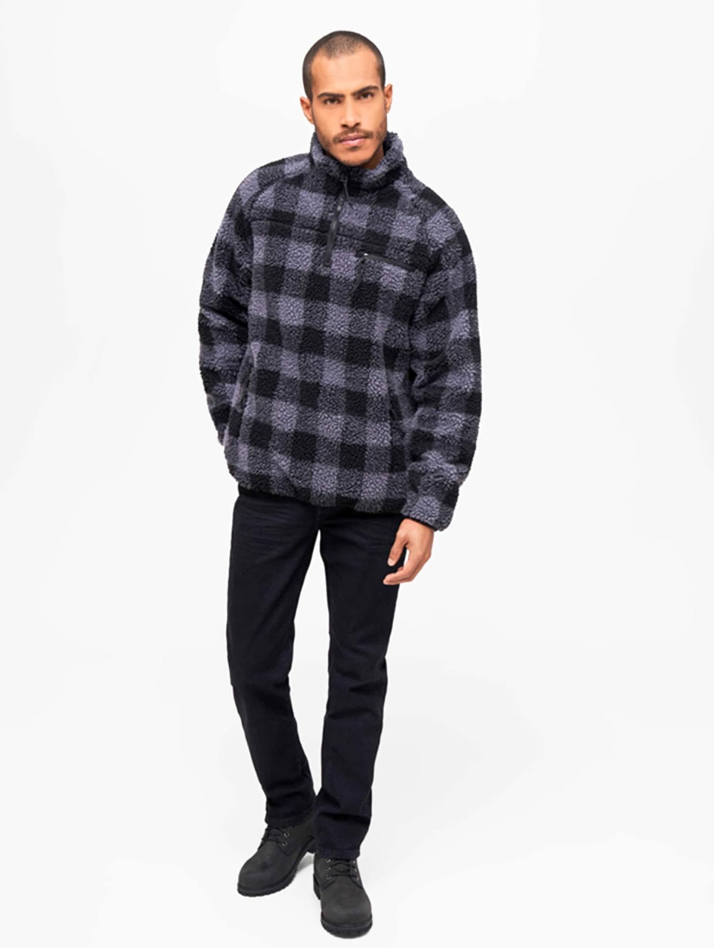Brandit Men’s Teddyfleece Troyer Black/Gray S | Warm Pullover Outdoor Sweater