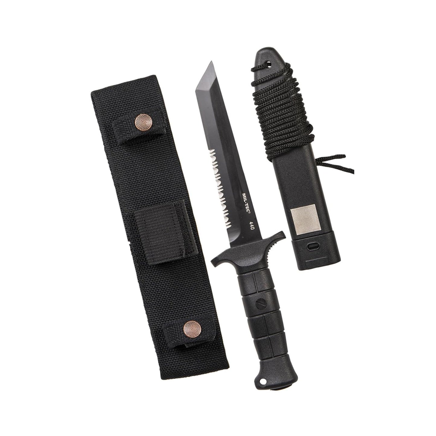 Mil-Tec Black KM2000 Special Forces Fixed Blade Combat Knife | 6.5" 440 Steel Robust Tanto Blade with Partial Serrated Edge | Ergonomic Hilt with Safety Belt Eyelet and Glass Breaker on End of Hilt