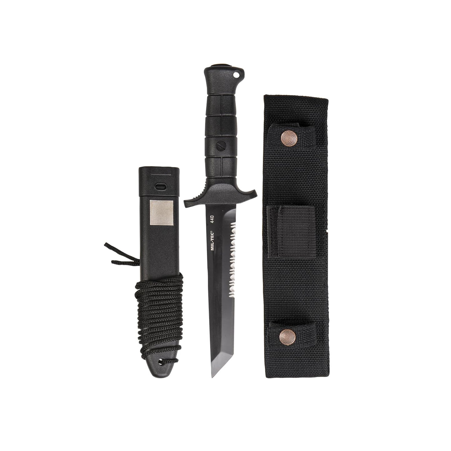 Mil-Tec Black KM2000 Special Forces Fixed Blade Combat Knife | 6.5" 440 Steel Robust Tanto Blade with Partial Serrated Edge | Ergonomic Hilt with Safety Belt Eyelet and Glass Breaker on End of Hilt