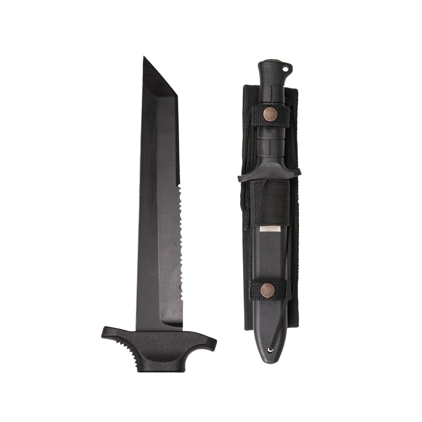 Mil-Tec Black KM2000 Special Forces Fixed Blade Combat Knife | 6.5" 440 Steel Robust Tanto Blade with Partial Serrated Edge | Ergonomic Hilt with Safety Belt Eyelet and Glass Breaker on End of Hilt