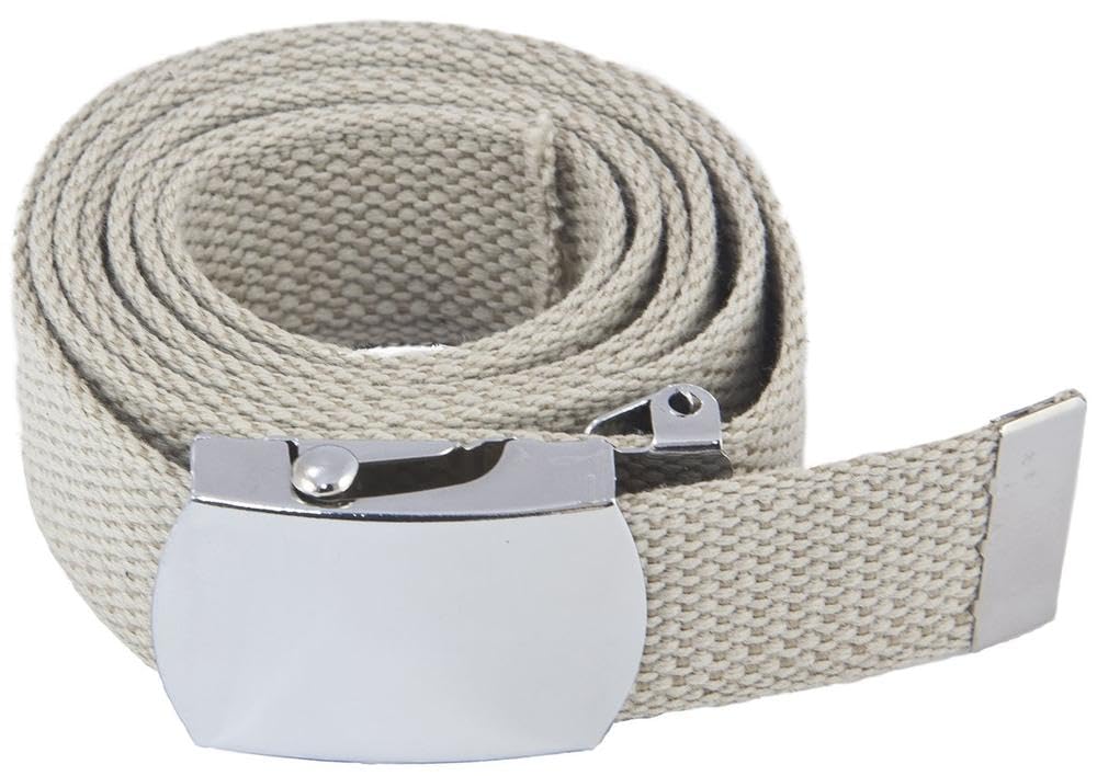 Mil-tec Khaki, 100% cotton webbing US trouser belt with silver coloured metal buckle.
