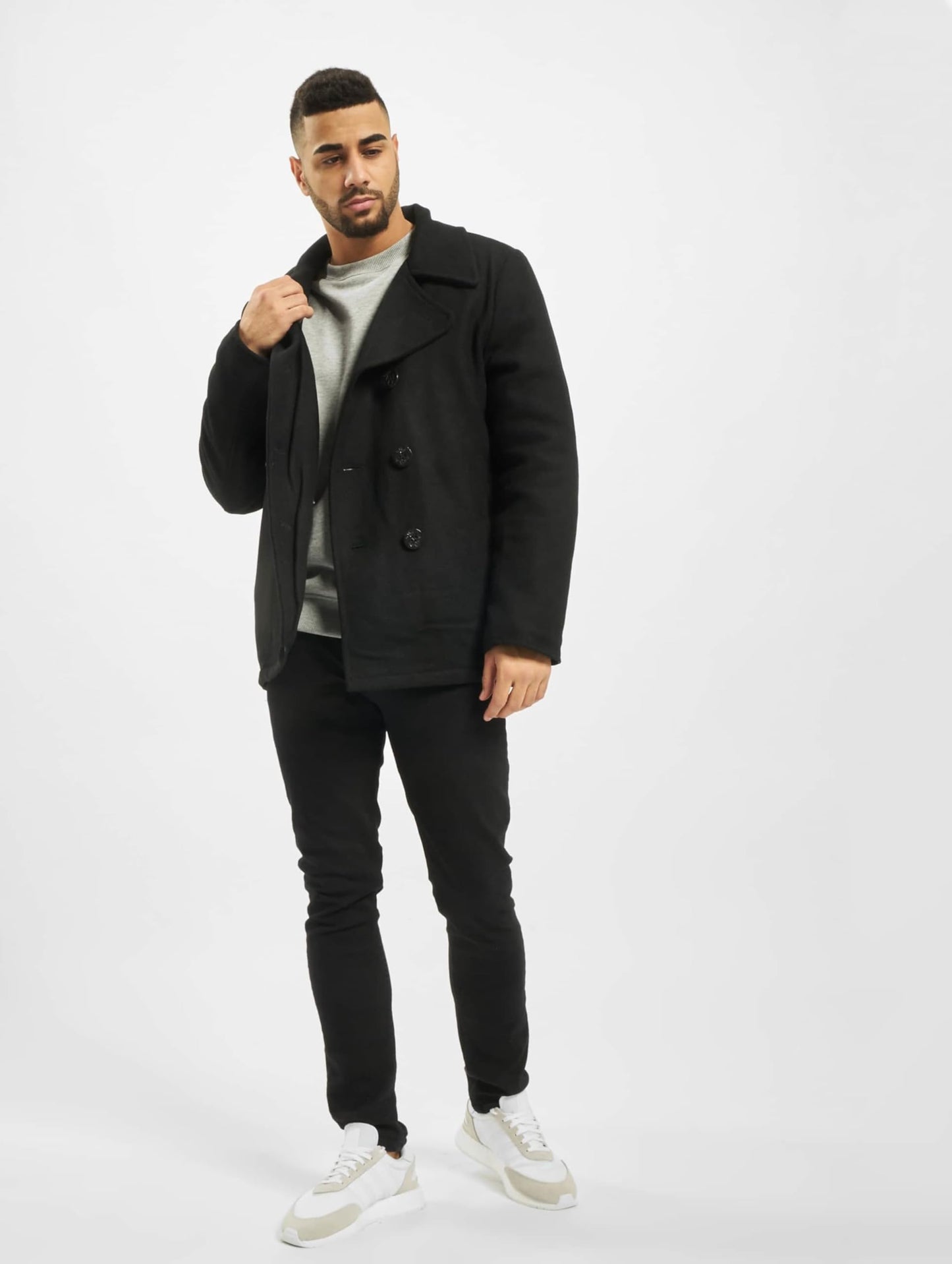 Brandit Men’s Pea Coat Black – Classic Double-Breasted Wool Blend Jacket