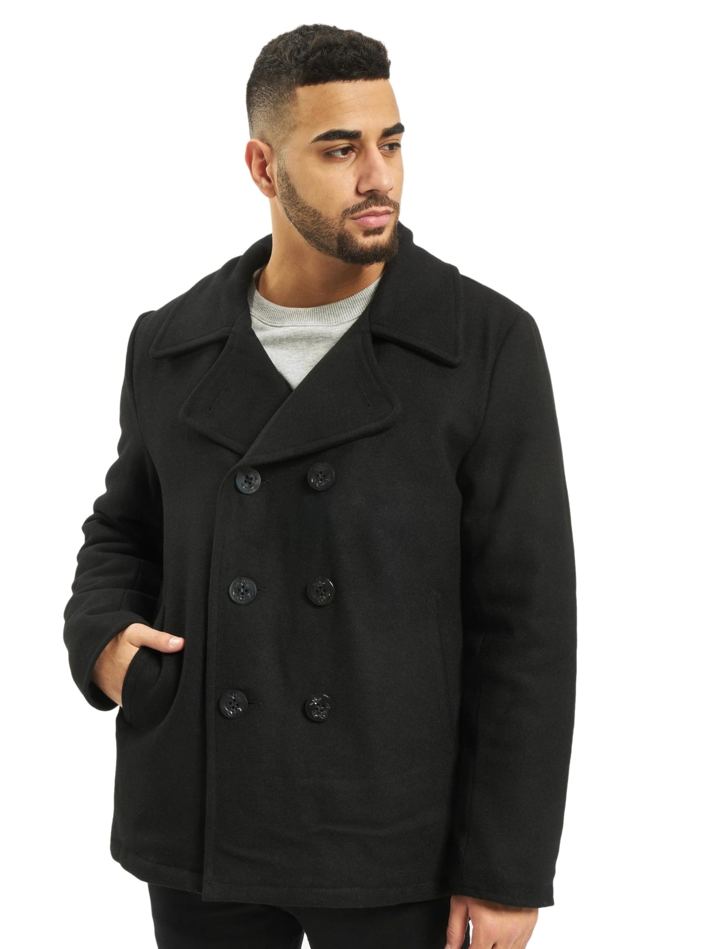 Brandit Men’s Pea Coat Black – Classic Double-Breasted Wool Blend Jacket