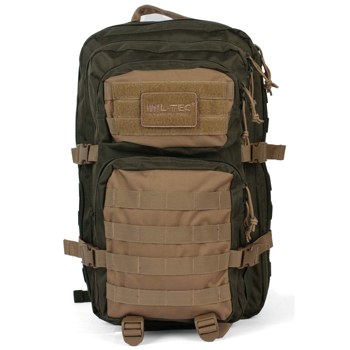 Mil-Tec Ranger Assault Pack - Rugged Durable Lightweight Versatile Tactical Outdoor Camping Hiking Backpack with Adjustable Padded Shoulder Straps & MOLLE Loops, Green/Coyote, 36L