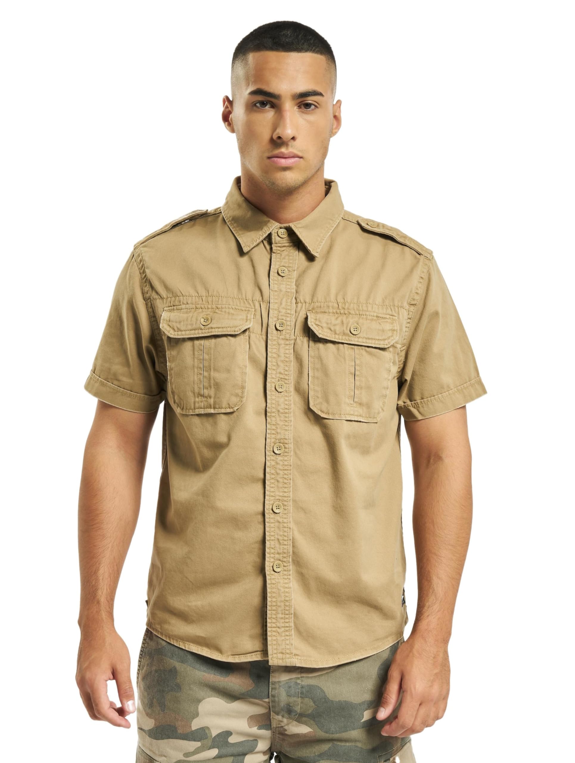 Brandit Men’s Vintage Shirt – Camel Short Sleeve Military Style Button-Up, XXL