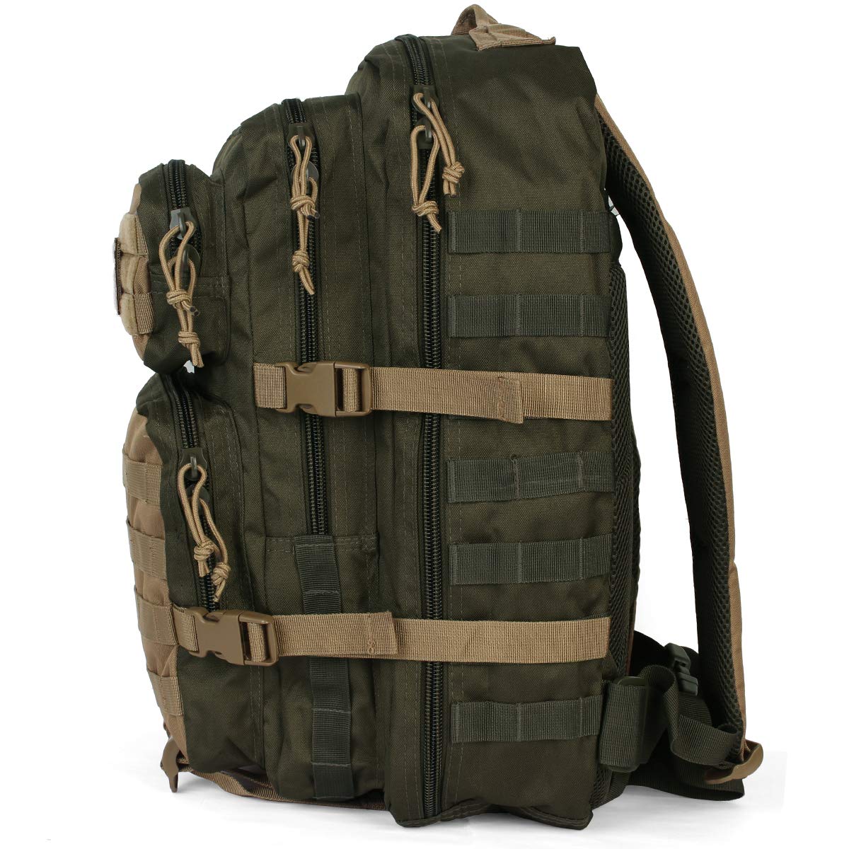 Mil-Tec Ranger Assault Pack - Rugged Durable Lightweight Versatile Tactical Outdoor Camping Hiking Backpack with Adjustable Padded Shoulder Straps & MOLLE Loops, Green/Coyote, 36L
