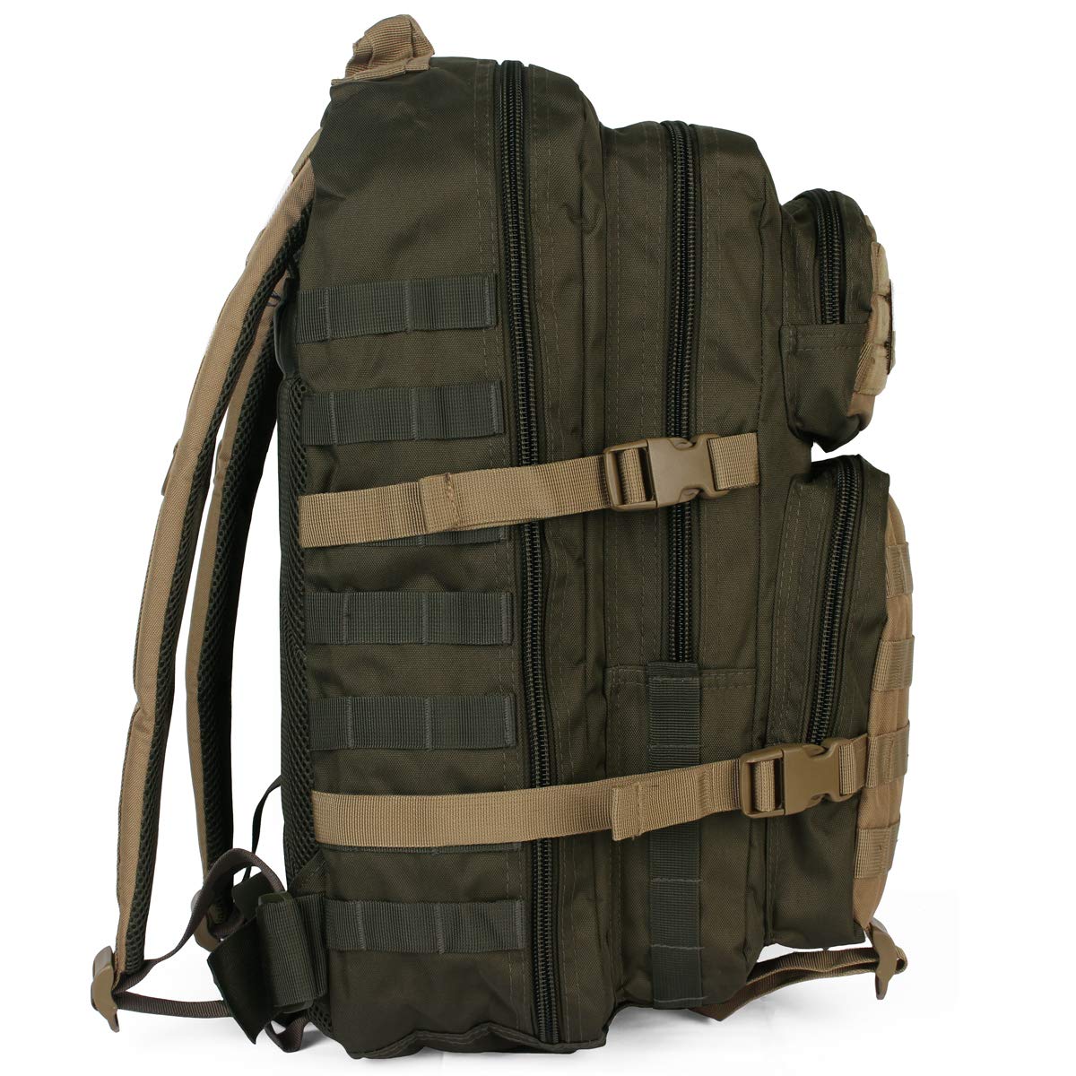 Mil-Tec Ranger Assault Pack - Rugged Durable Lightweight Versatile Tactical Outdoor Camping Hiking Backpack with Adjustable Padded Shoulder Straps & MOLLE Loops, Green/Coyote, 36L