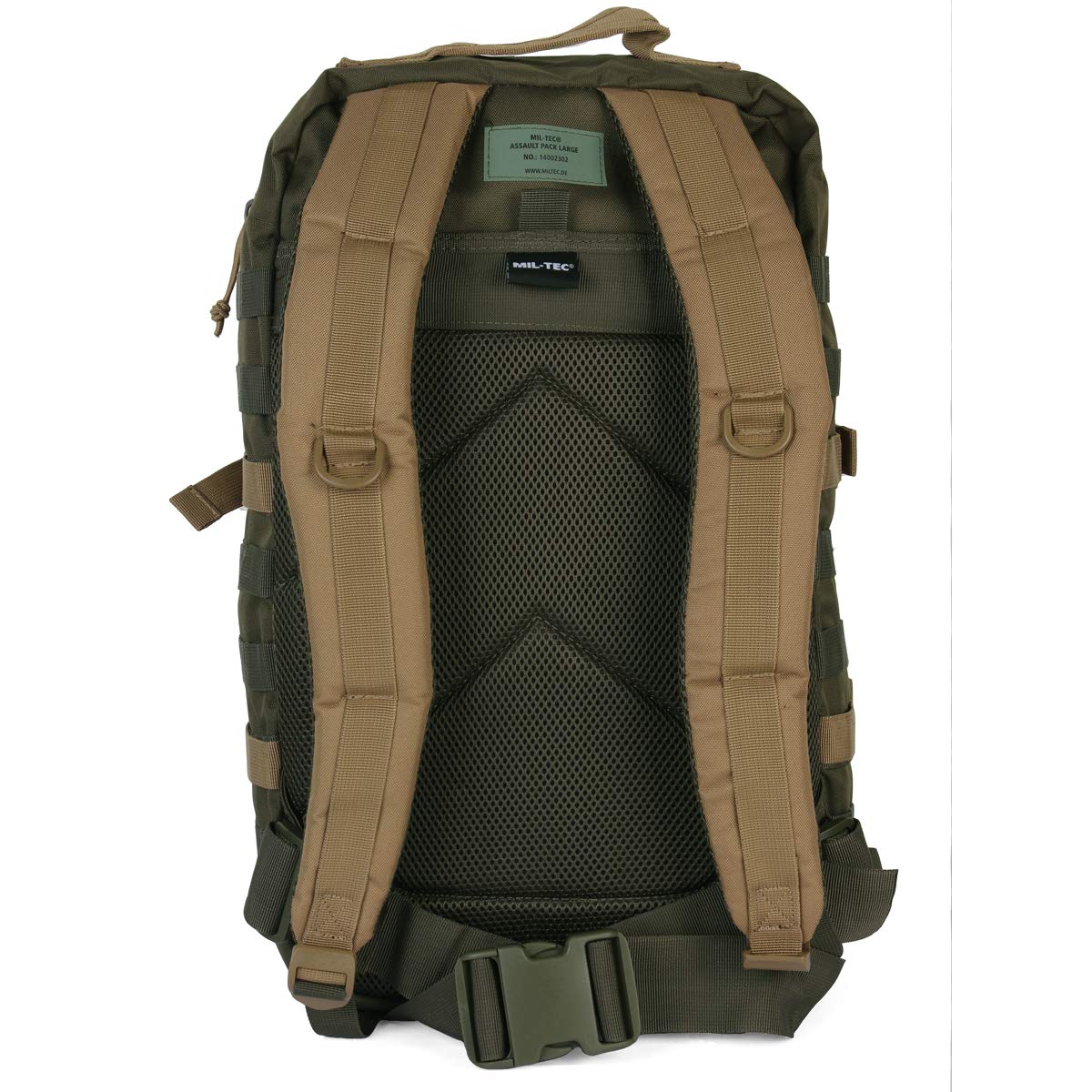 Mil-Tec Ranger Assault Pack - Rugged Durable Lightweight Versatile Tactical Outdoor Camping Hiking Backpack with Adjustable Padded Shoulder Straps & MOLLE Loops, Green/Coyote, 36L