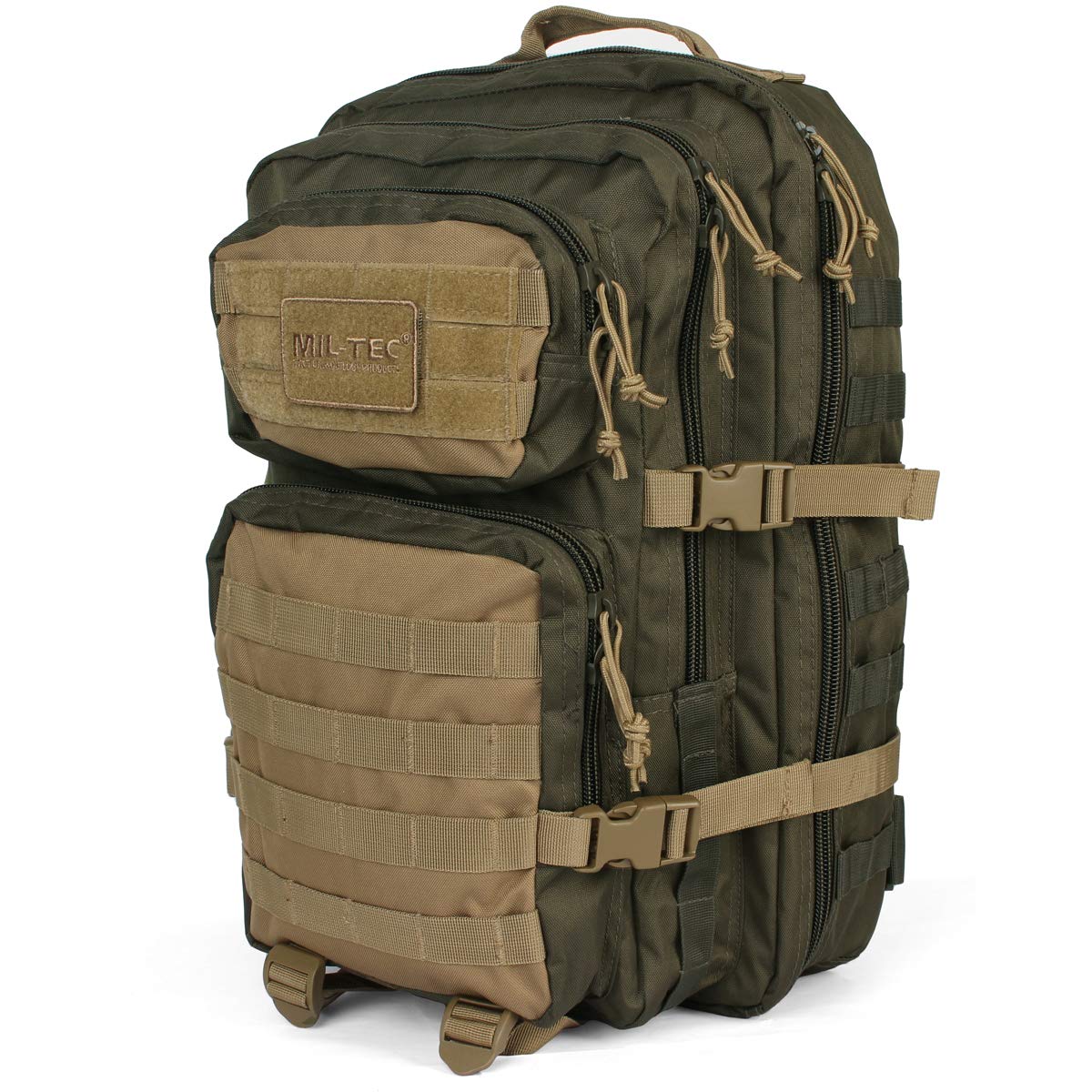 Mil-Tec Ranger Assault Pack - Rugged Durable Lightweight Versatile Tactical Outdoor Camping Hiking Backpack with Adjustable Padded Shoulder Straps & MOLLE Loops, Green/Coyote, 36L