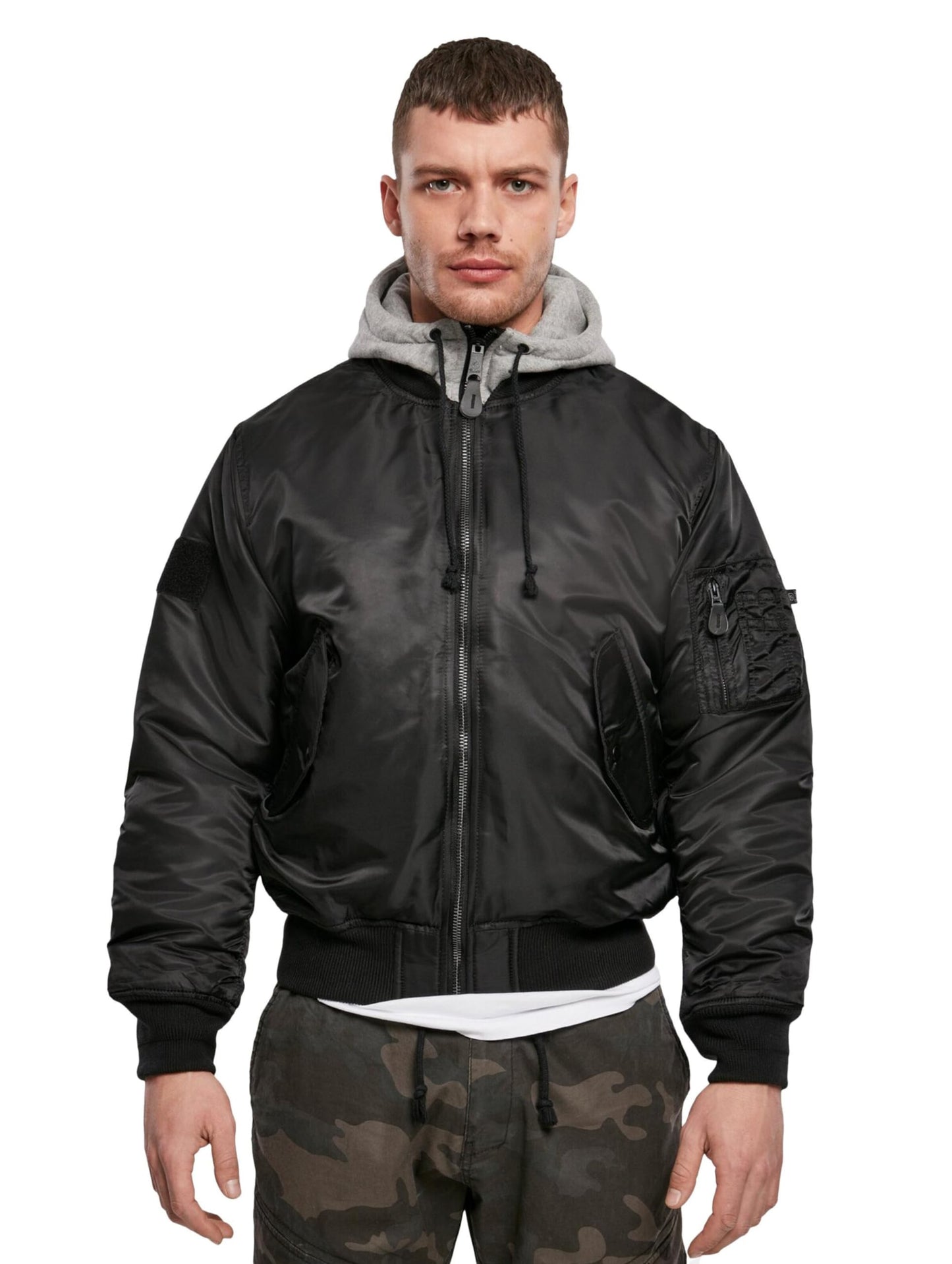 Brandit Men’s MA1 Bomber Hooded Jacket Black/Grey – Classic Flight Jacket 5XL