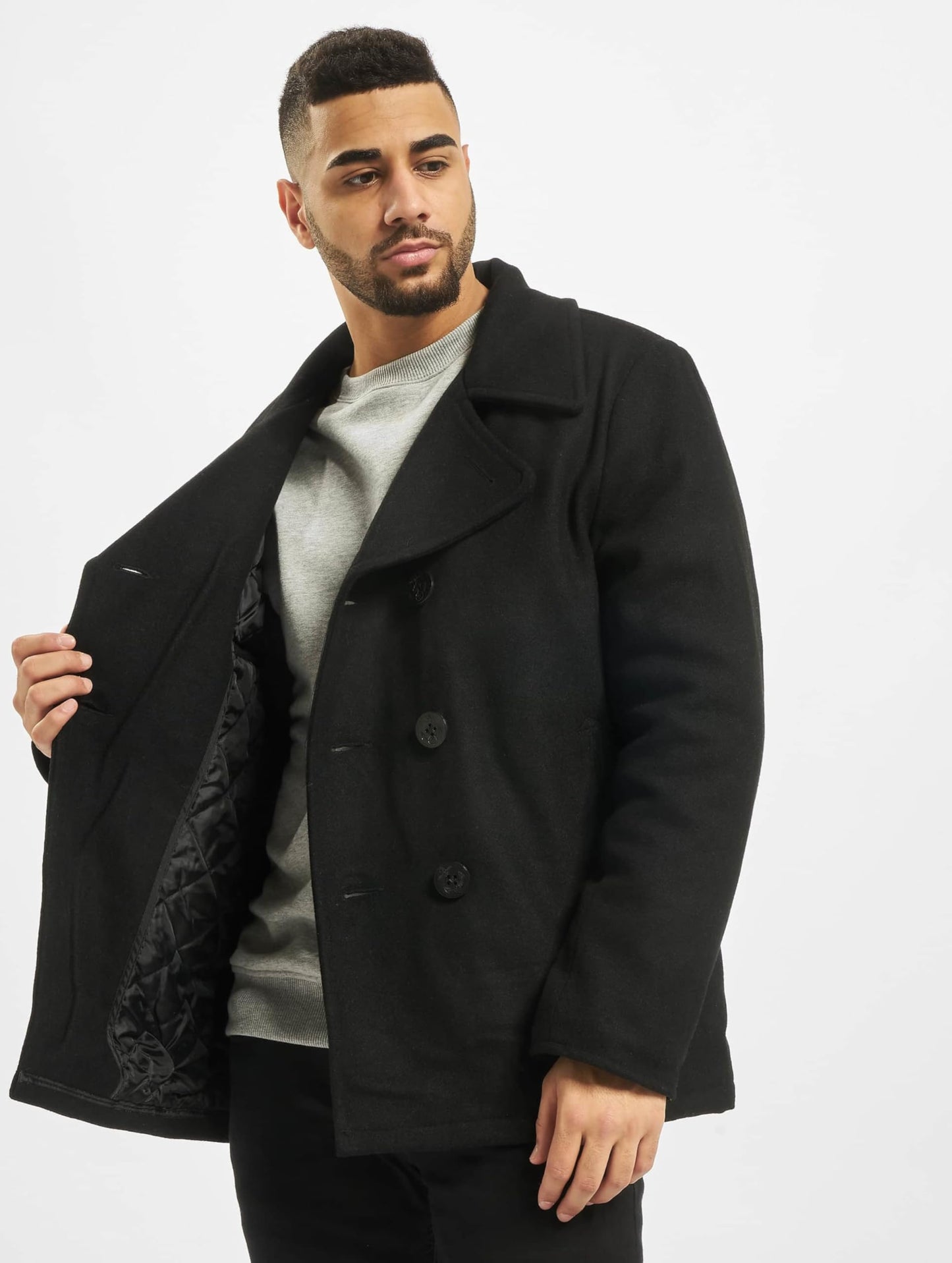 Brandit Men’s Pea Coat Black – Classic Double-Breasted Wool Blend Jacket