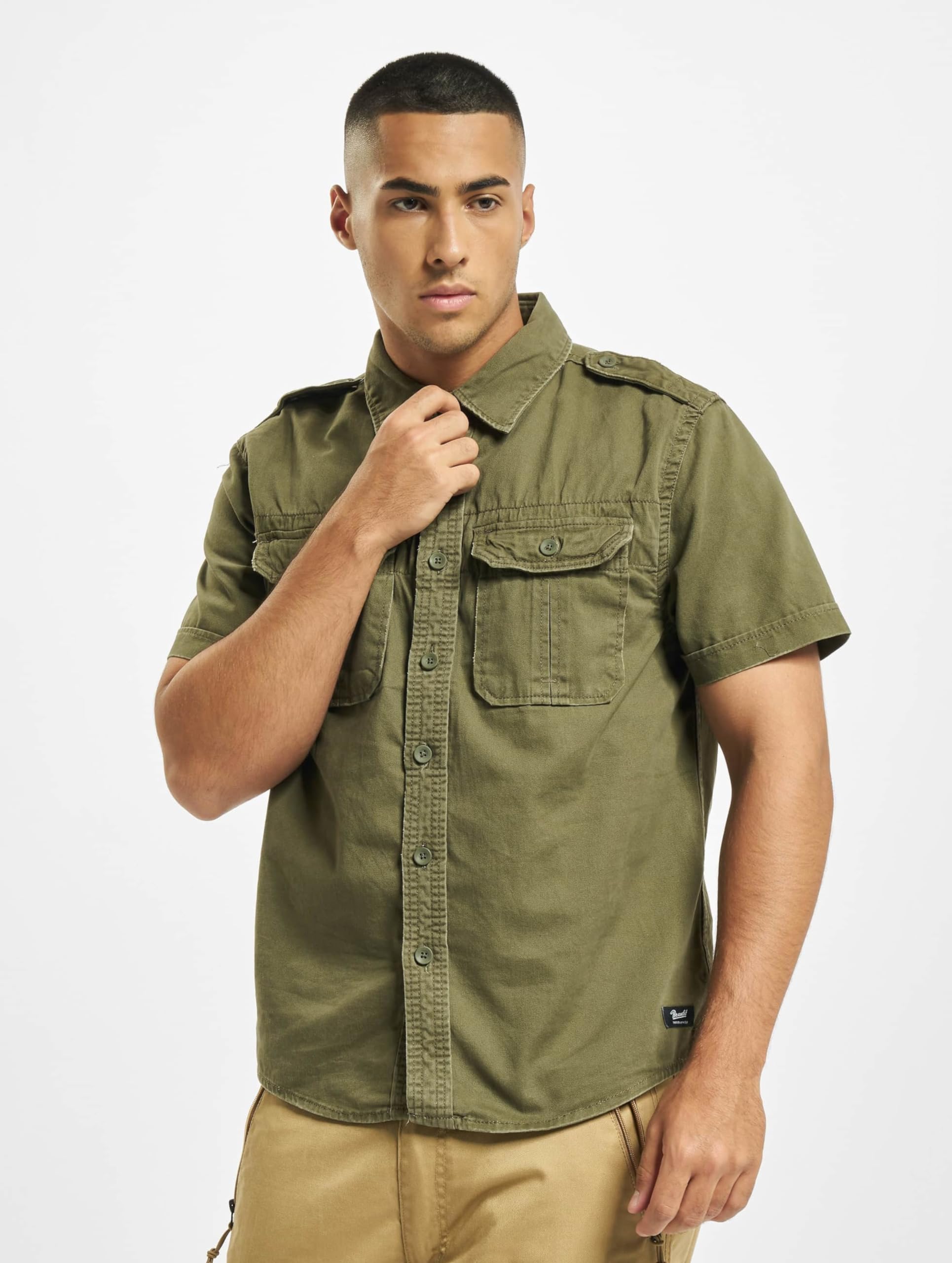Brandit Men’s Vintage Shirt – Olive Short Sleeve Military Style Button-Up, L