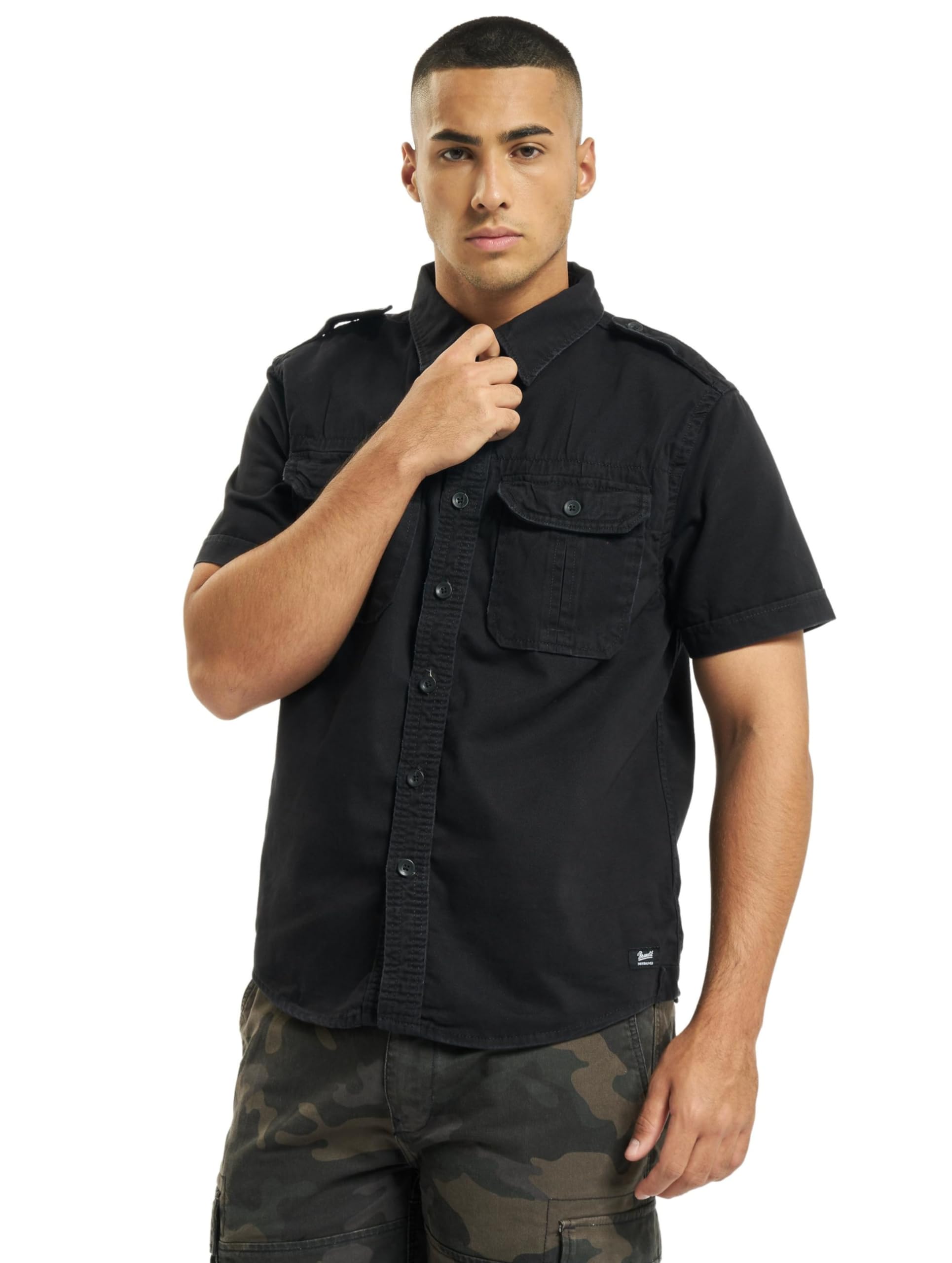 Brandit Men’s Vintage Shirt – Black Short Sleeve Military Style Button-Up, XL