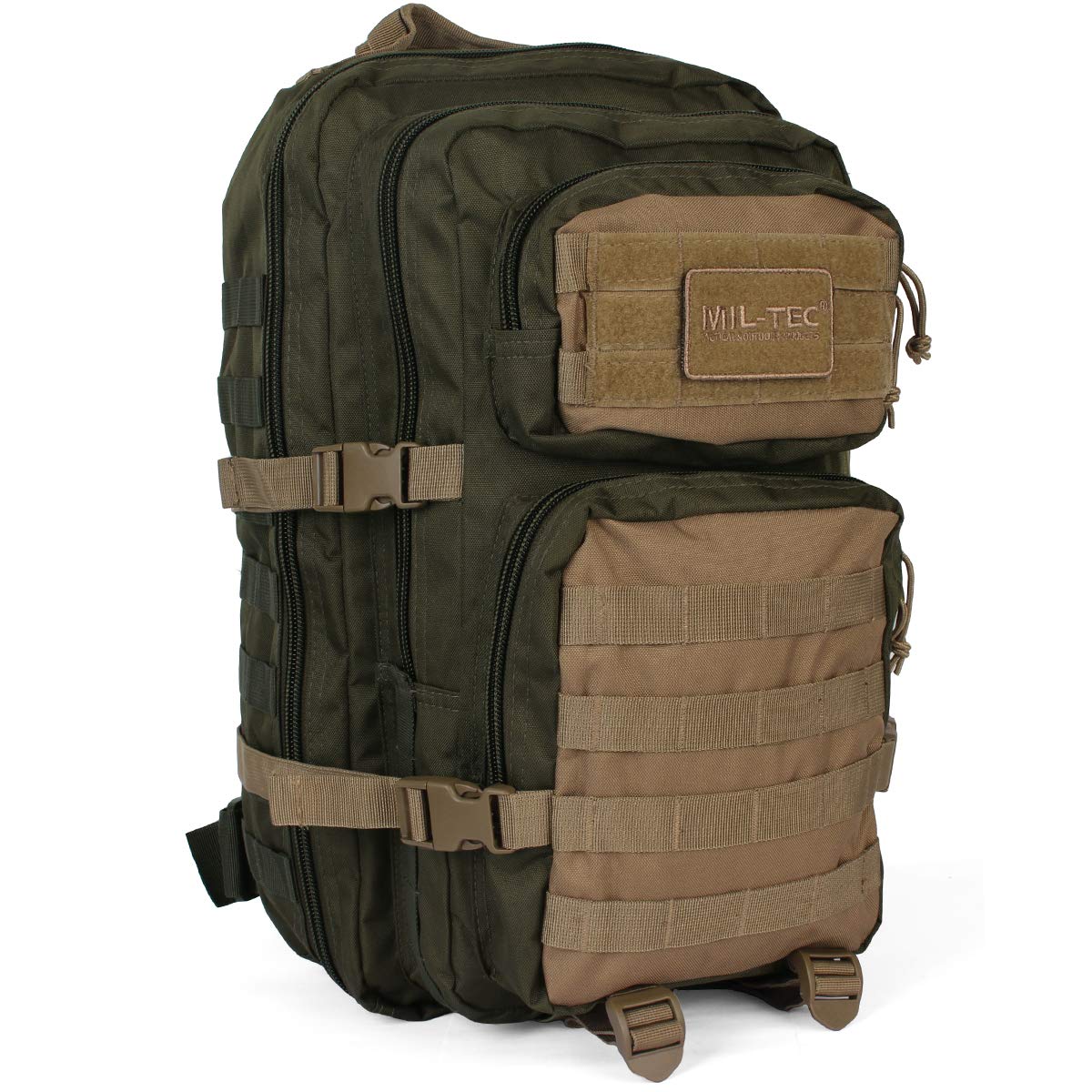 Mil-Tec Ranger Assault Pack - Rugged Durable Lightweight Versatile Tactical Outdoor Camping Hiking Backpack with Adjustable Padded Shoulder Straps & MOLLE Loops, Green/Coyote, 36L