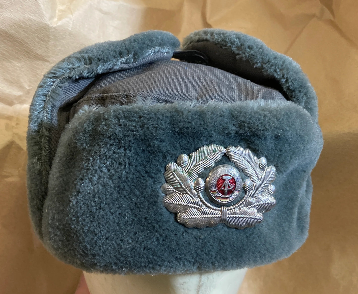 East German Army EM Winter Hat Vintage Military Surplus Wool Blend Used