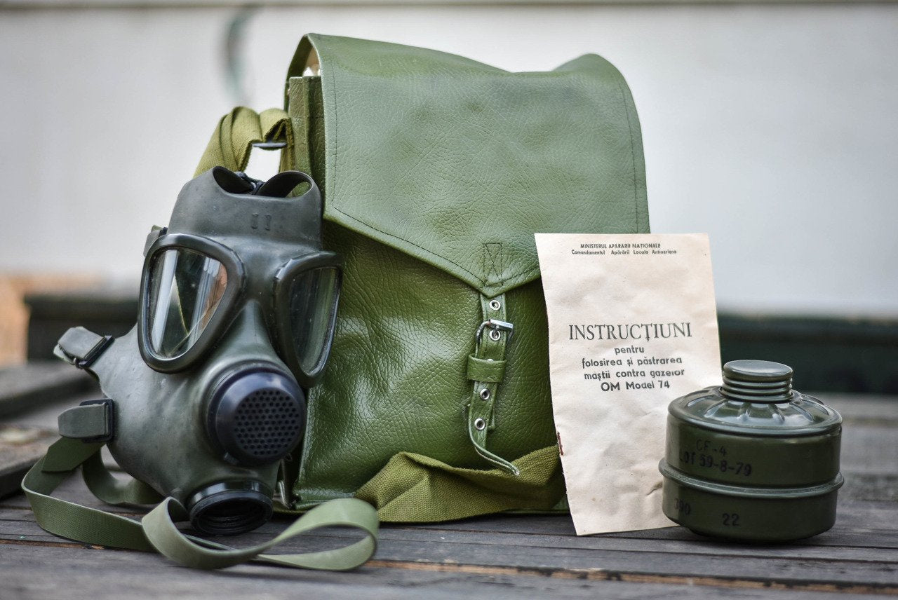 Romanian M74 Gas Mask Set – Dark Green, With Bag, Unused Military Surplus