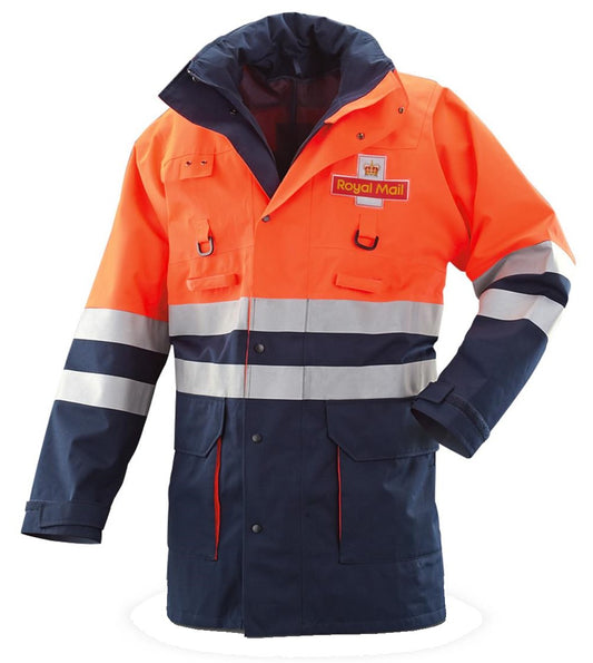 Genuine British Royal Mail Long Waterproof Hooded Jacket Orange & Blue