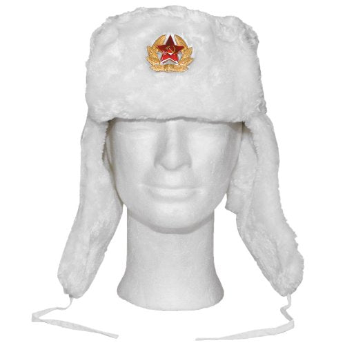 MFH Russian Fur Winter Cap – White Faux Fur with Badge