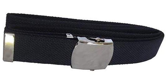 Mil-tec Blue, 100% cotton webbing US trouser belt with silver coloured metal buckle.