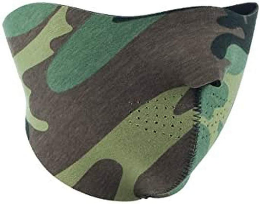 Reversible Single Neoprene Combat Half Face Mask Paintball Woodland Camo Black
