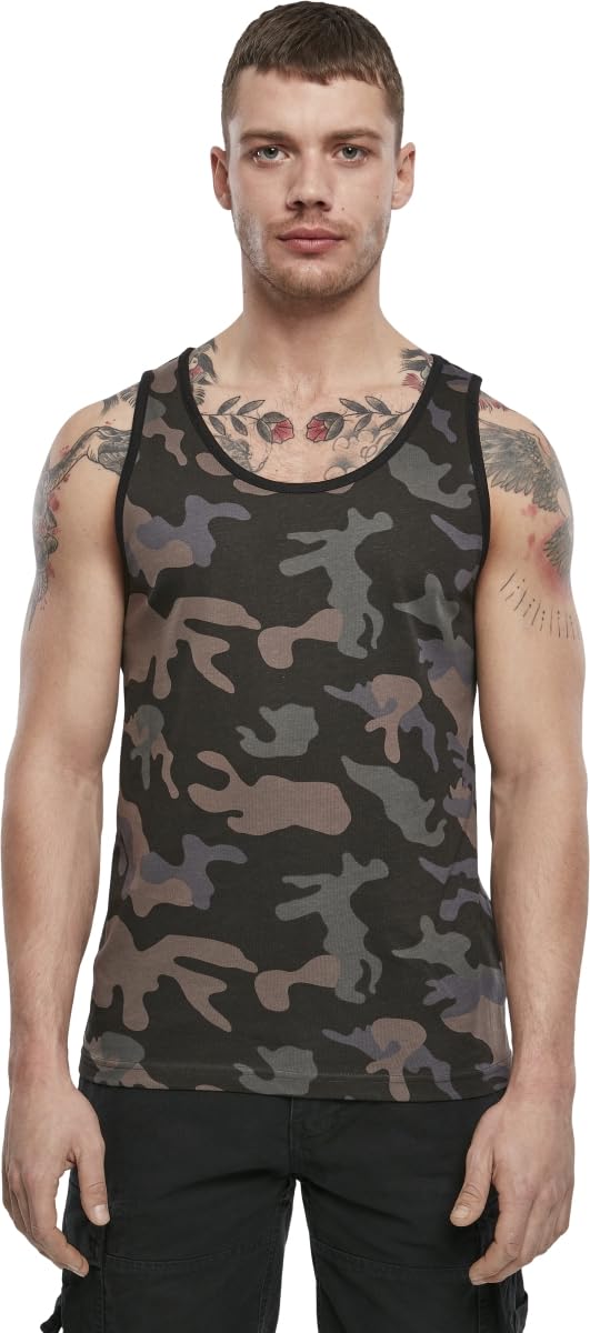 Brandit Men’s Tank Top Dark Camo M – 100% Cotton Sleeveless Casual Wear