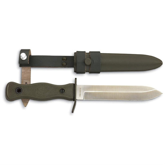 MIL-TEC Combat 5.7" Olive Drab Knife for Military Personnel, Outdoor Enthusiasts, Survivalists | Metal Blade Sheath and Leather Suspensions Included | Steel Fixed Blade | Ideal for Tactical Operations