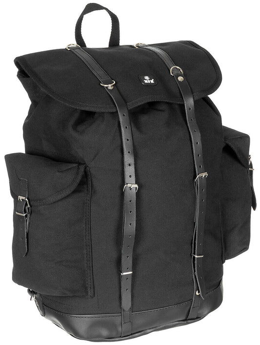 BW Mountain Backpack Black Adjustable Straps Leather Straps and Metal Buckles