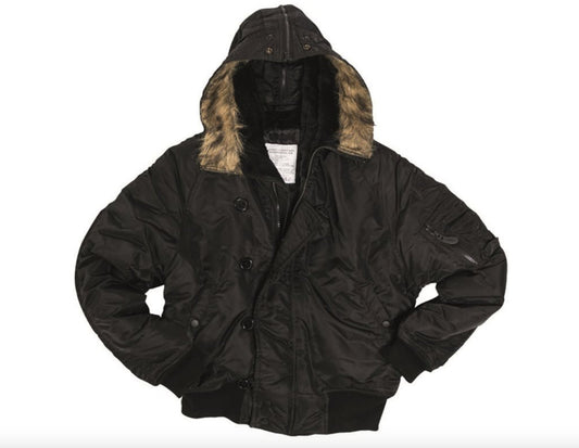 US Military Style Vintage N2B Basic Bomber Flight Jacket Black Hooded