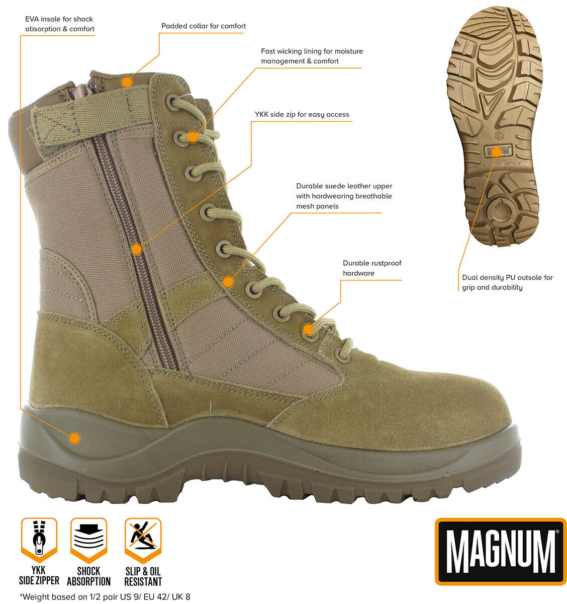 MAGNUM Centurion 8.0 SZ Combat Boots Coyote Lightweight Slip Resistant Outsole