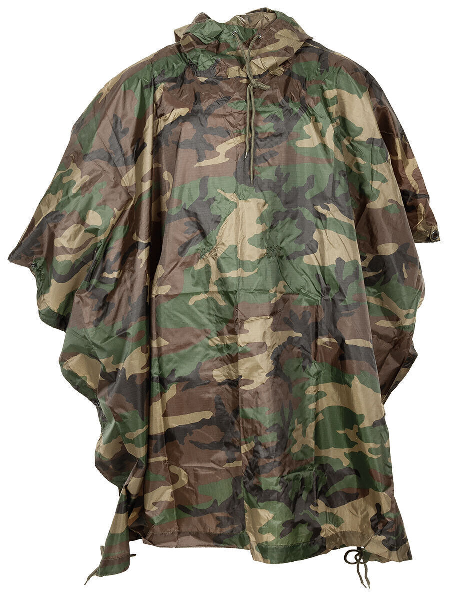 Waterproof Ripstop Poncho Hooded Festival Rain Coat Army Camo Shelter Woodland