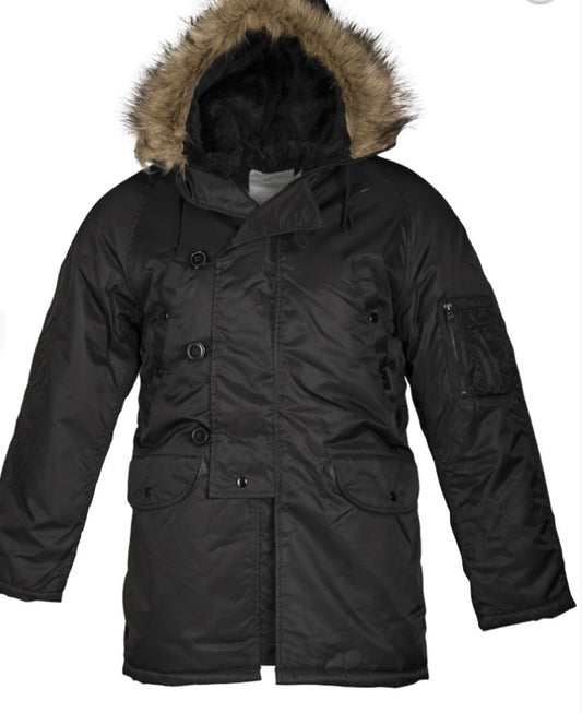 TEESAR N3B Parka US Military Style Long Hooded Polar Jacket Cold Weather Black
